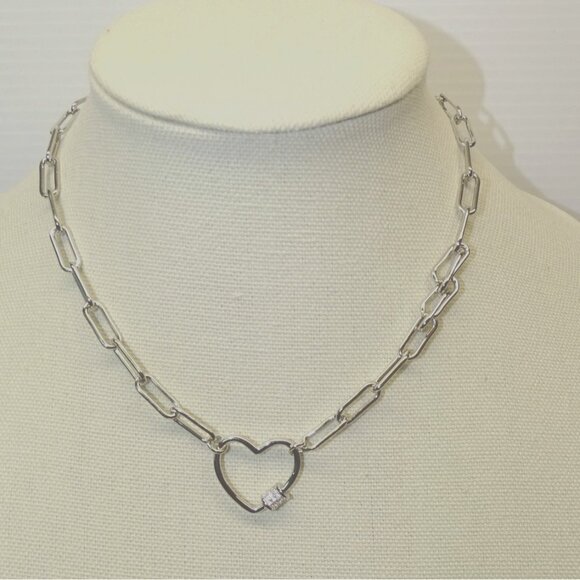 Silver Heart Link Necklace W/ CZ Accents For Women Stainless Steel Chain Elegant - Picture 2 of 4